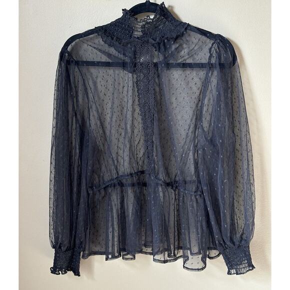 Black Sheer Blouse Top Mock Neck Peplum Whimsigoth Dark Romantic Coquette - Picture 1 of 6